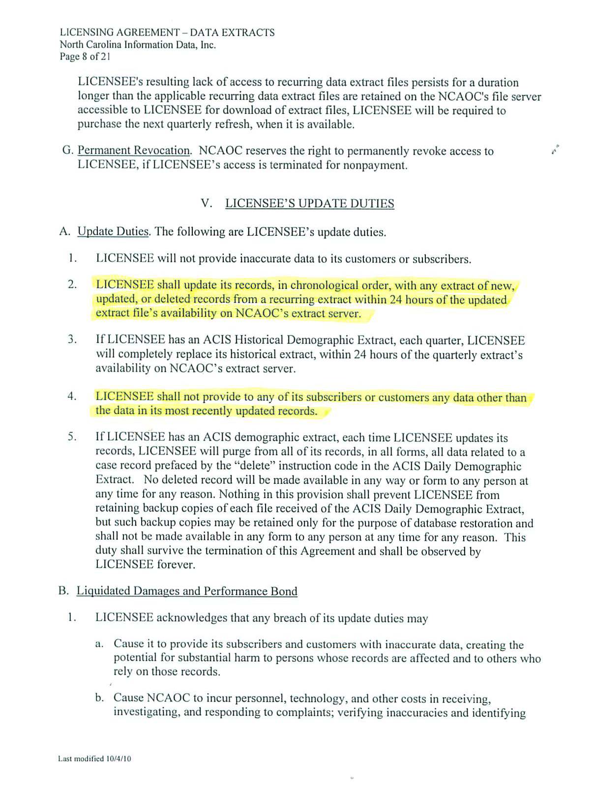 AOC License requires all data sold to be from current daily updates.